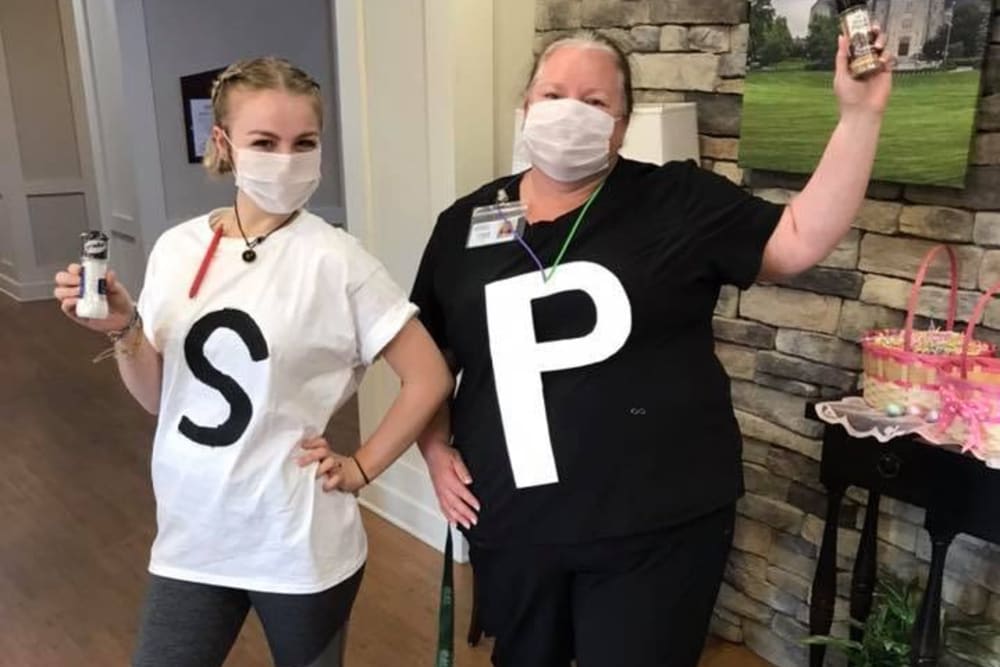 two care takers dressed as salt and pepper at English Meadows Lexington Campus in Lexington, South Carolina