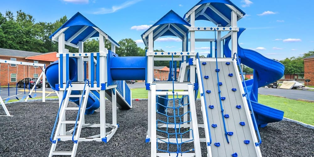 A blue and white playground at Fountain City in Columbus, Georgia