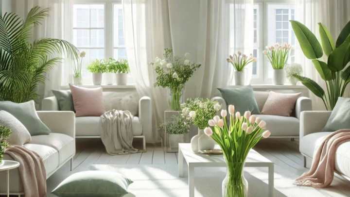 Bright living room with white sofas, pastel cushions, and flowers on a coffee table