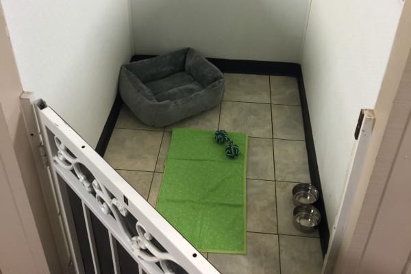 Plush dog bed in a kennel at University Pet Resort in Merced, California