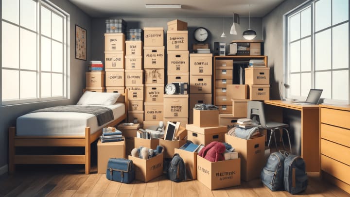 A college dorm room organized for storage with labeled boxes containing books, winter clothes, and electronics, demonstrating an efficient packing strategy for students at modSTORAGE  (831)375-5351
