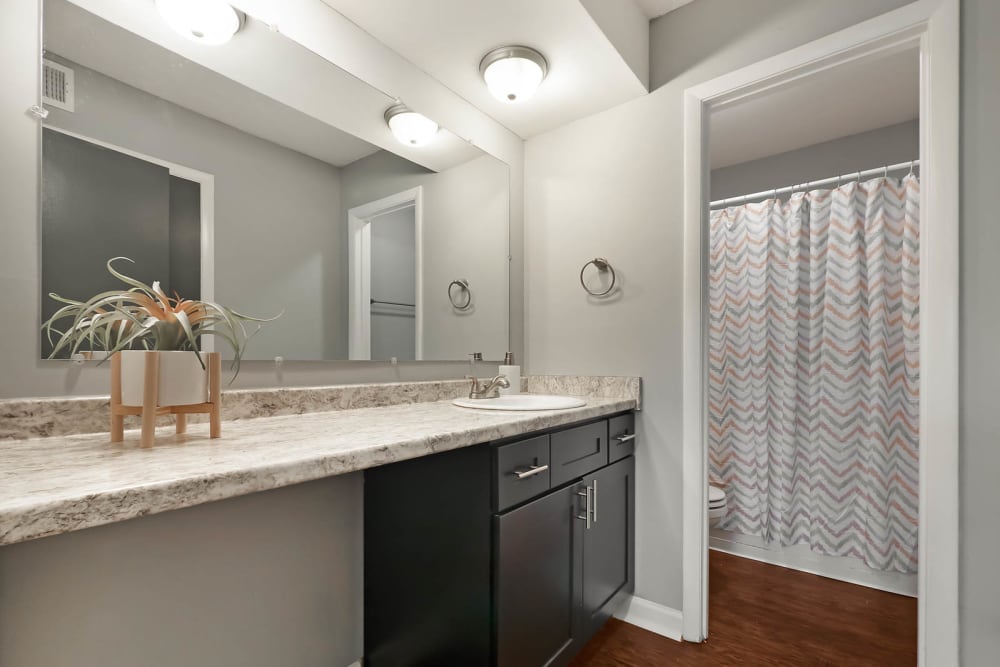 Bathroom with shower at Northshore Flats Apartments in Chattanooga, Tennessee