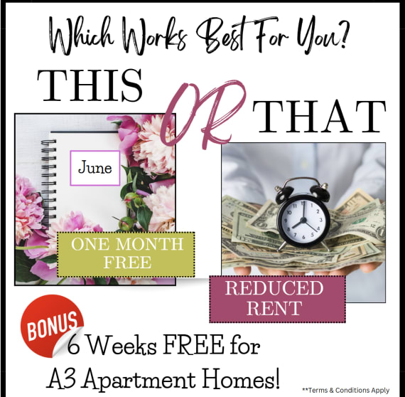 The Palm On SPID May Special Choose between One Month Free or Reduced Rent Must Lease by May 30Th. Bonus - 6 weeks free on A3 floorplans!