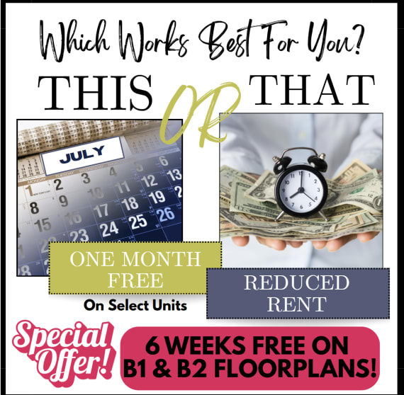 The Palm On SPID May Special Choose between One Month Free or Reduced Rent Must Lease by May 30Th. Bonus - 6 weeks free on B1 & B2 floorplans!