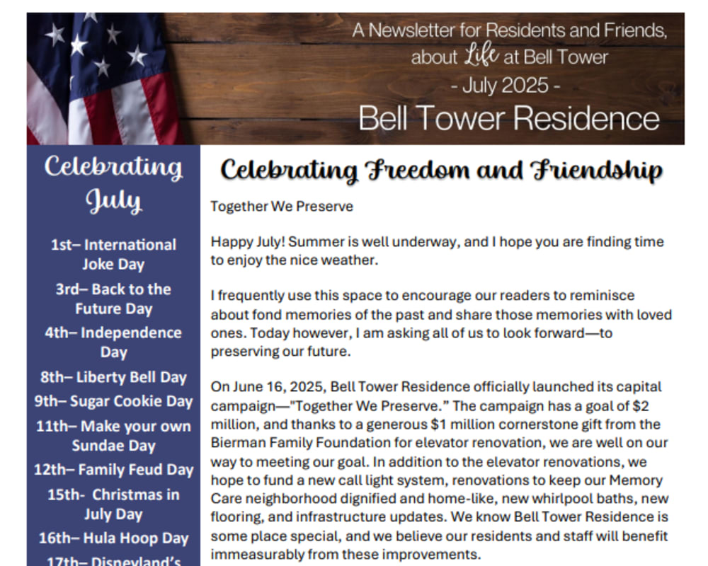July 2025 Newsletter at Bell Tower Residence Assisted Living in Merrill, Wisconsin