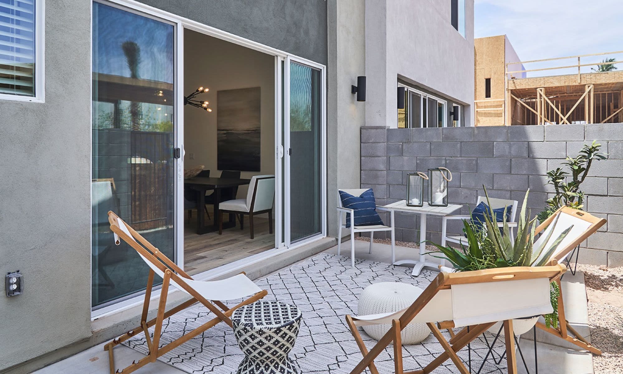 Patio area outside model home at Novella at Biltmore in Phoenix, Arizona