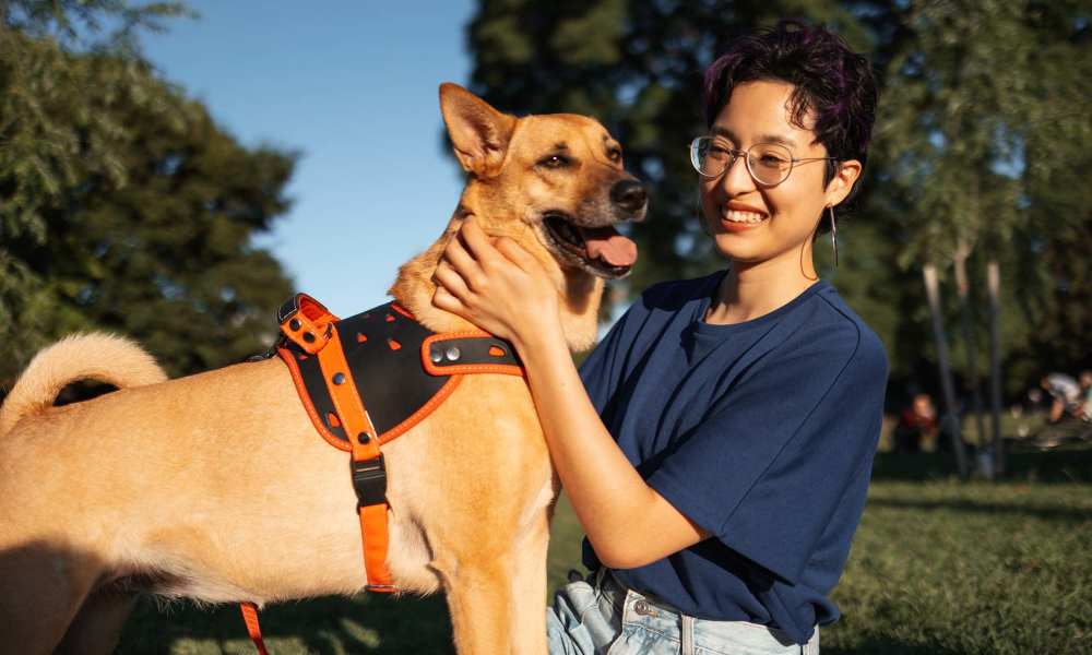 Resident with his dog in the park at 2370 Main at Sugarloaf in Duluth, Georgia 