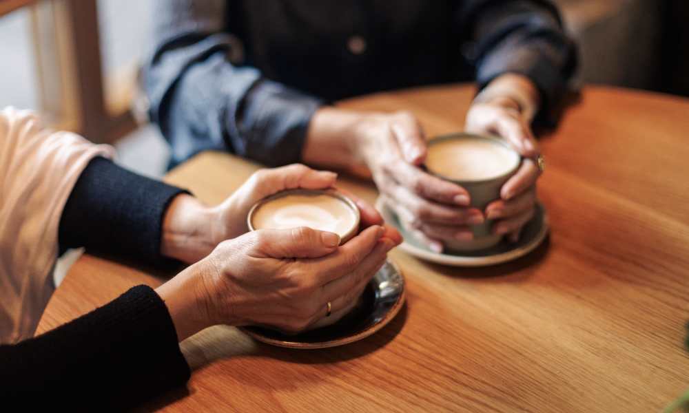 Residents having coffee in the clubhouse at Eagle Park Village in Hanover, Maryland