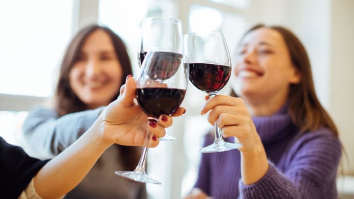 A group of smiling women are toasting with glasses of red wine.