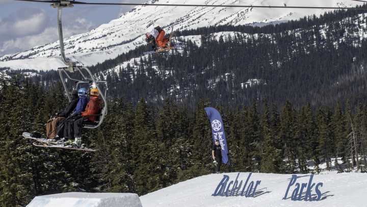 A skier landing a jump on Mt. Bachelor in Oregon