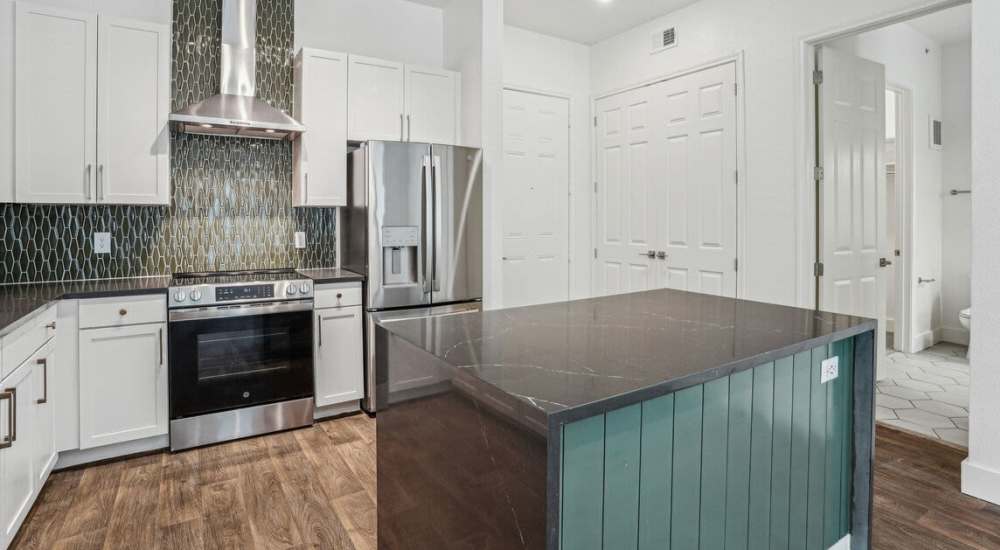Kitchen with stainless steel appliances and quartz countertops at Dorian and Encore, Plano, Texas
