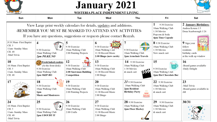 January 2021 calendar at {{location_name}} in {{location_city}}, {{location_state_name}}