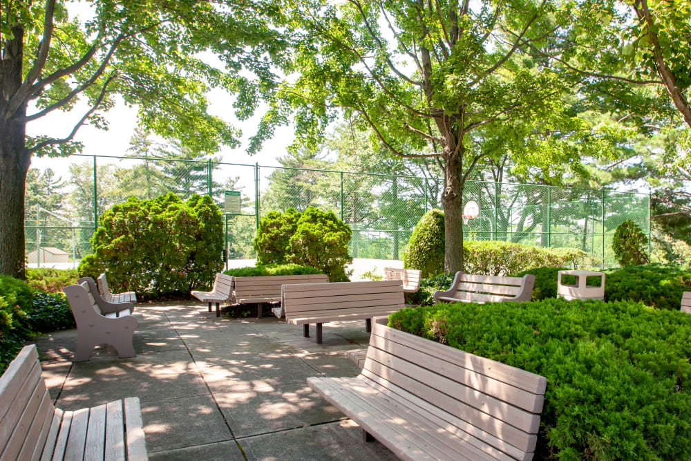 Shaded bench seating outside of Haddonview Apartments in Haddon Township, New Jersey