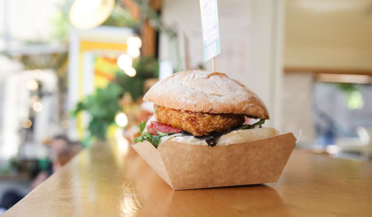 Fried chicken sandwich in a paper tray at Orchard Glen in Orrville, Ohio 