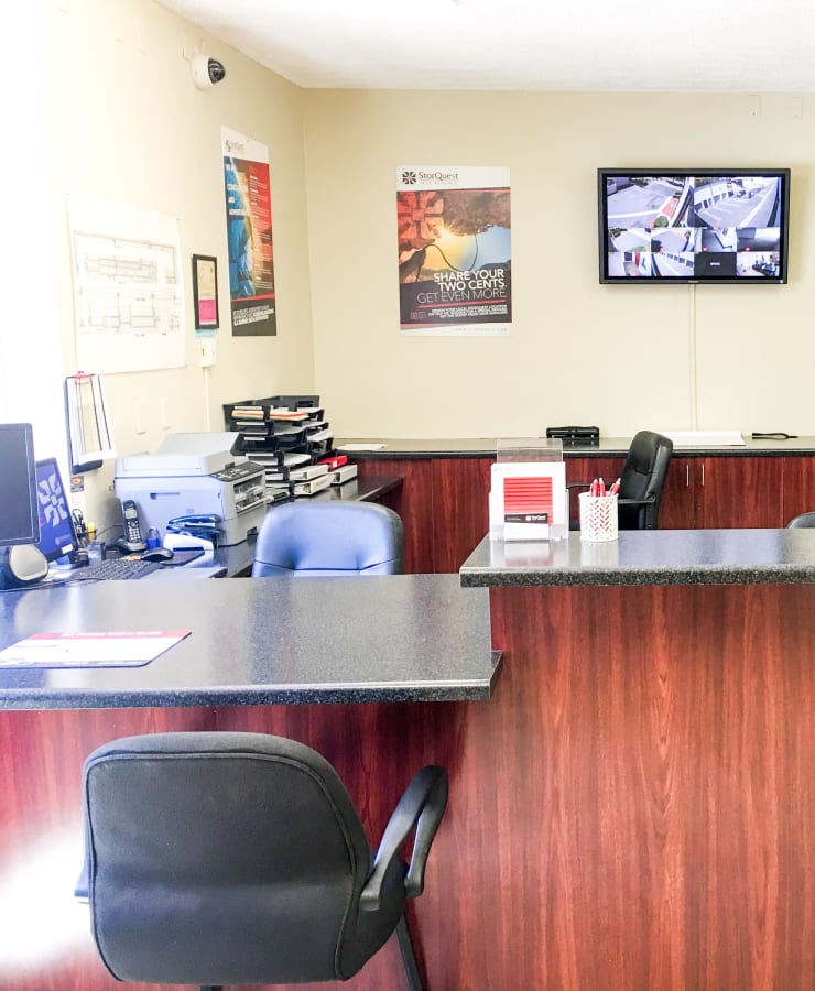Interior of the leasing office at StorQuest Self Storage in Rancho Cucamonga, California