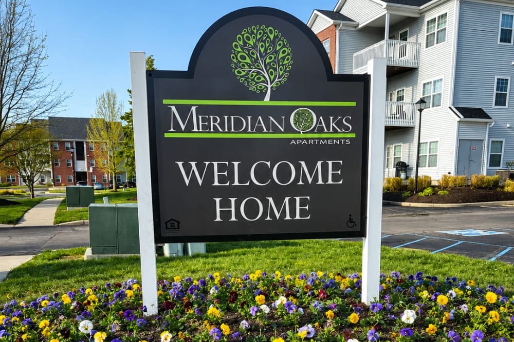 Beautiful landscaping at Meridian Oaks Apartments in Greenwood, Indiana