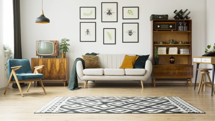 Throw rug nicely anchoring the room in a resident