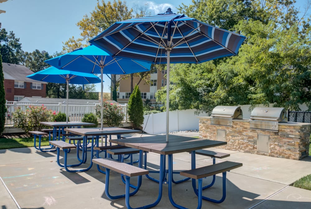 Grilling stations and outdoor lounge area at Strafford Station Apartments in Wayne, Pennsylvania