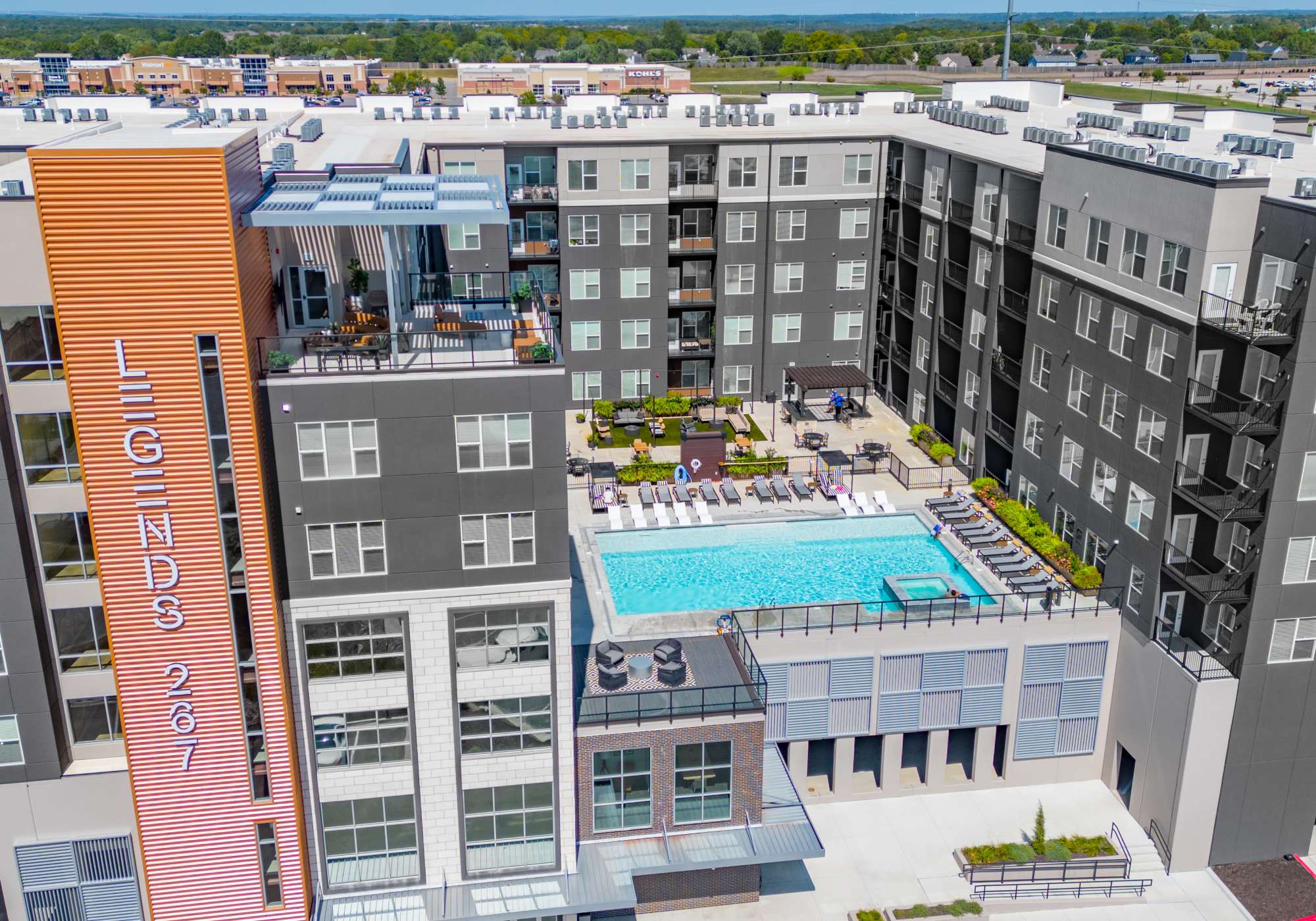 Aerial view of the community at Legends 267 Apartments in Kansas City, Kansas