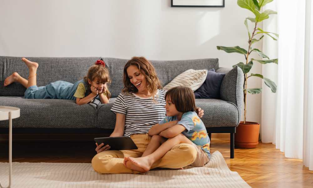 Happy family in their new apartment at Eden Tower Apartments in Reno, Nevada