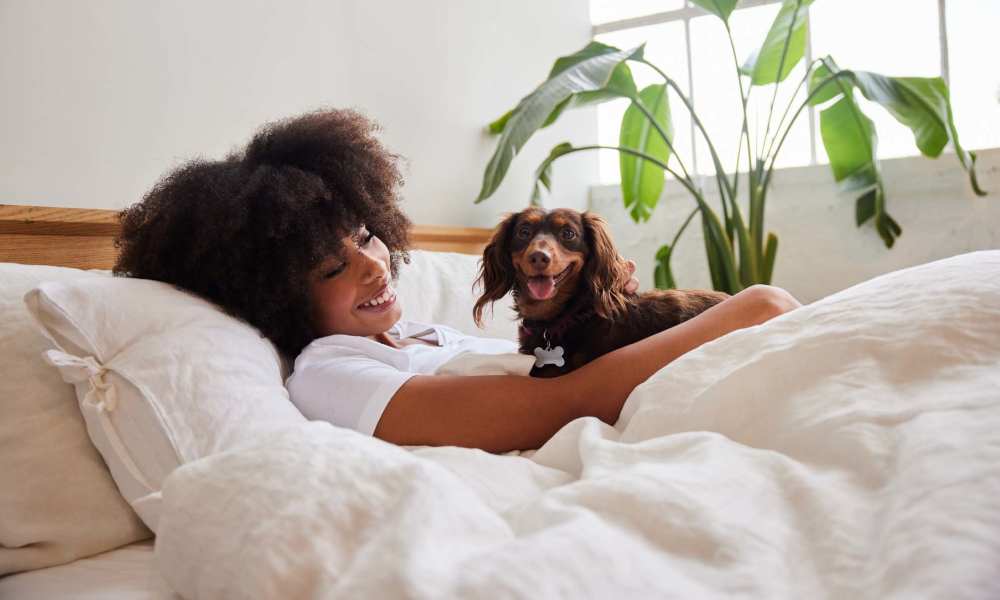 A resident lying on the bed with her pet dog at MeadowView Townhomes in Goshen, Ohio
