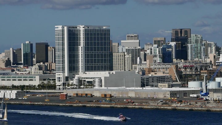 Port of San Diego with buildings boats and a loading dock