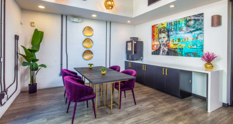 Swanky office with purple chairs at The Fleetwood in Tempe, Arizona