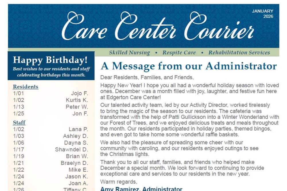 January 2026 Newsletter at Edgerton Care Center in Edgerton, Wisconsin