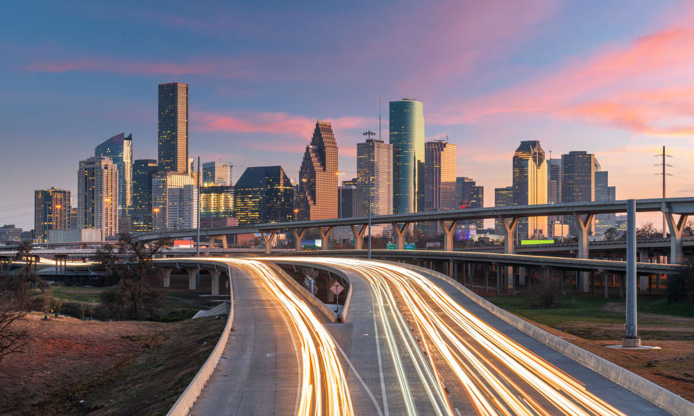 City skyline over the freeway near Bellrock Summer Street in Houston, Texas