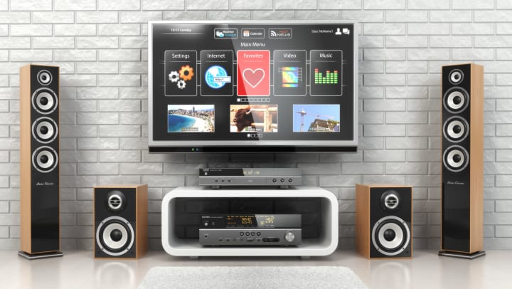 Home cinema system with speakers and a large tv