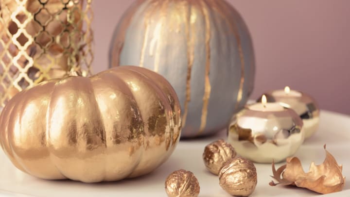 Beautiful golden pumpkins on a white counter top at Olympus Grand Crossing
