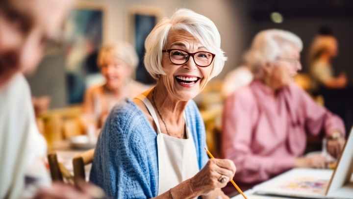 Elderly Woman smiling in a painting event