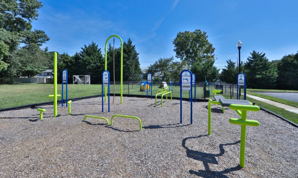Outdoor fitness stations at Riverton Knolls in West Henrietta, New York