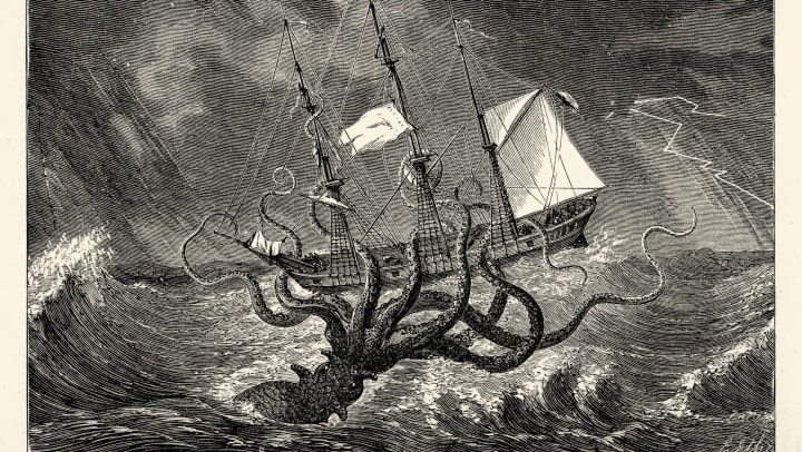 An illustration of a kraken emerging from the sea to grab hold of a boat