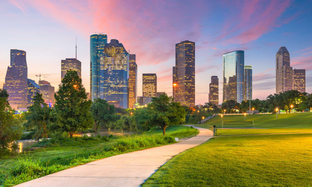 View of the Houston skyline from a park near Bellrock Summer Street in Houston, Texas