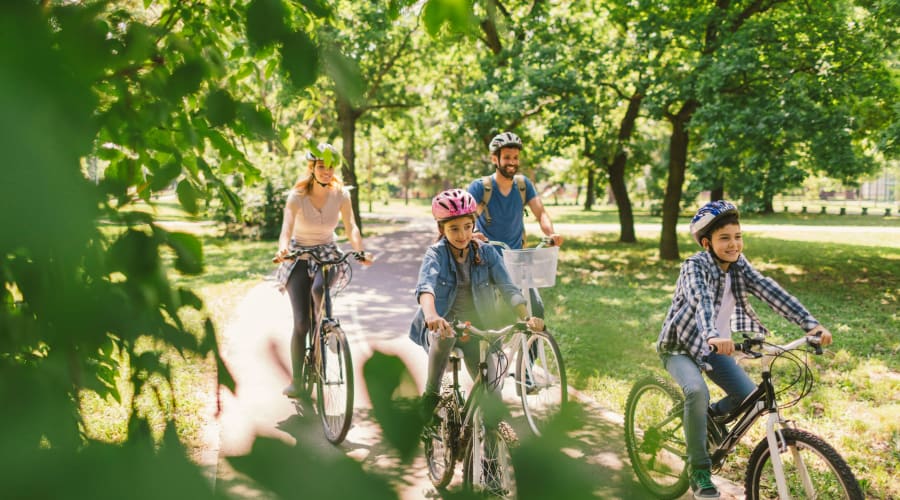 Family riding bikes through a park at Avondale Reserve Apartment Homes in Avondale Estates, Georgia