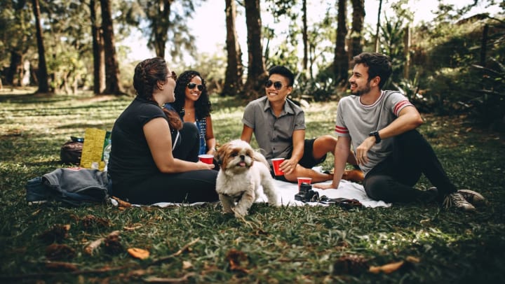 Resident friends on a picnic in a wooded area near Vistara at SanTan Village in Gilbert, Arizona