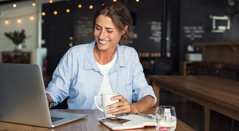 Resident working from a coffee shop near Pepperwood in Davis, California