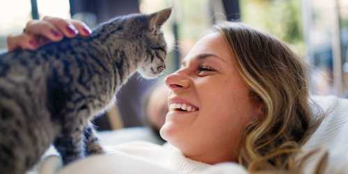 Resident enjoying with her cat at Pinecrest Apartments in Fallbrook, California