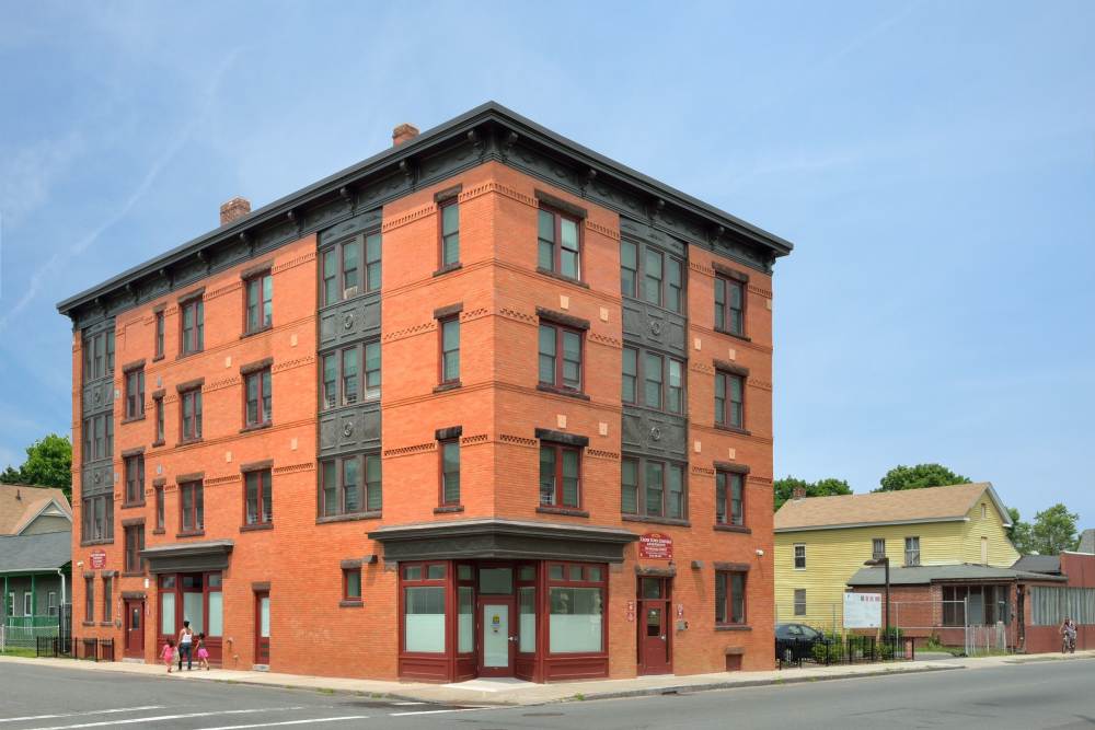 Exterior view of building at Cross Town Corners in Springfield, Massachusetts