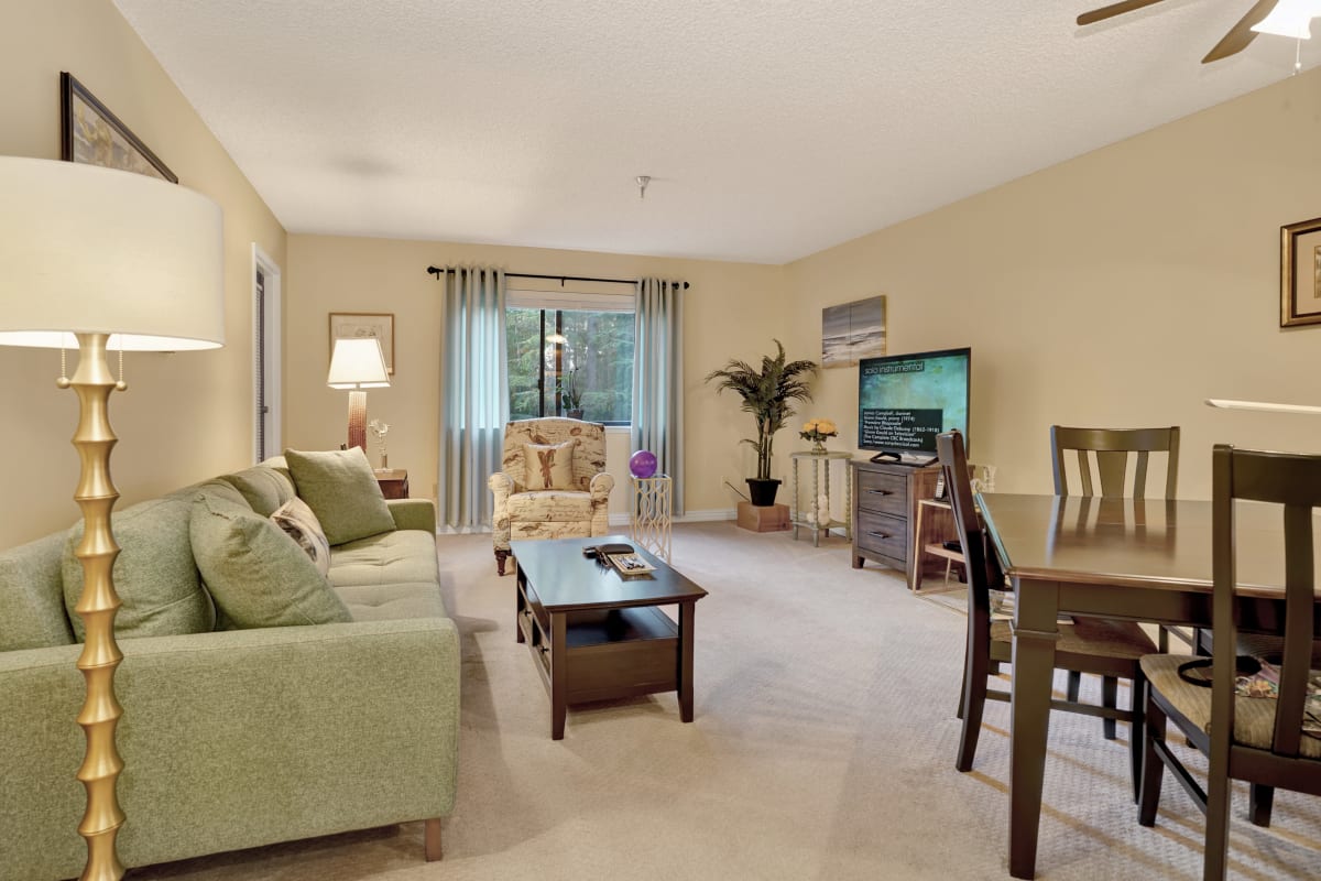 Senior living apartment living room at The Firs in Olympia, Washington