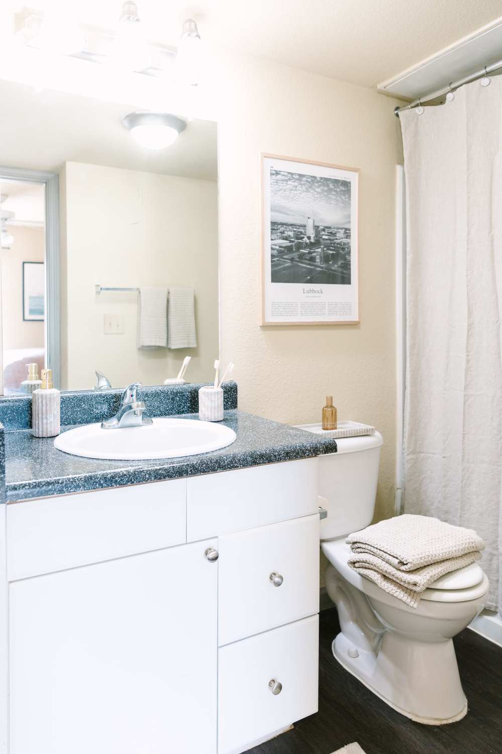 Bathroom with vanity sink, mirror, toilet, and shower curtain in bright space at The Holly in Lubbock, Texas