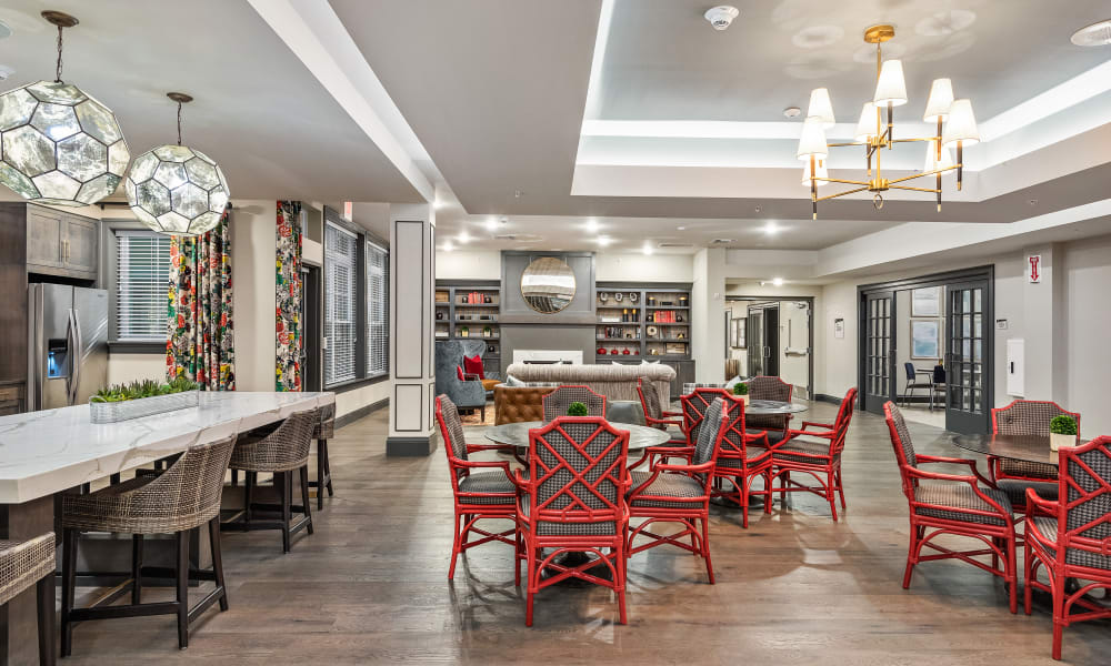 A welcoming lounge with a kitchen at Anthology of Troy in Troy, Michigan