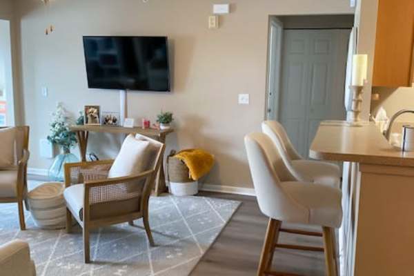 Retro-modern furniture and classic decor in a model home's living area at Townsend On The Park Apartments in Grand Ledge, Michigan