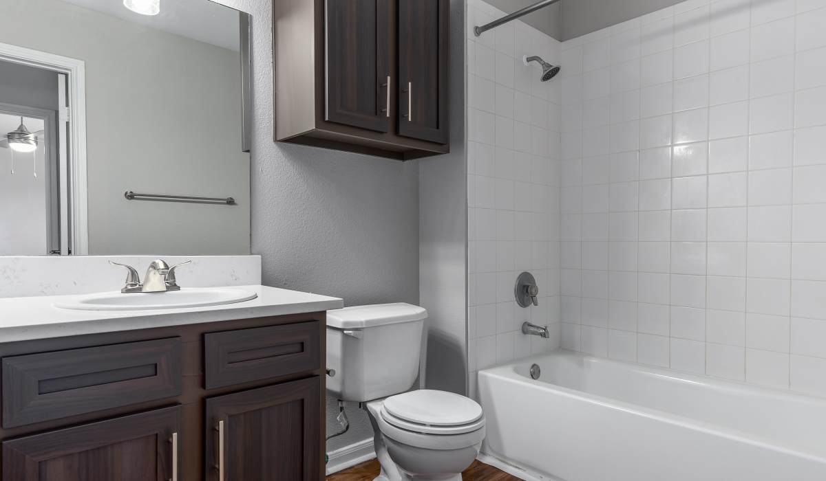 Modern bathroom with vanity and bathtub at Oaks of Kingwood Apartments in Kingwood, Texas