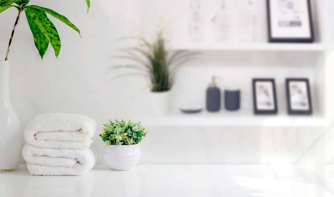 White towels, green plants, and clean decor on white shelves at 2201 Wisconsin in Washington, District of Columbia