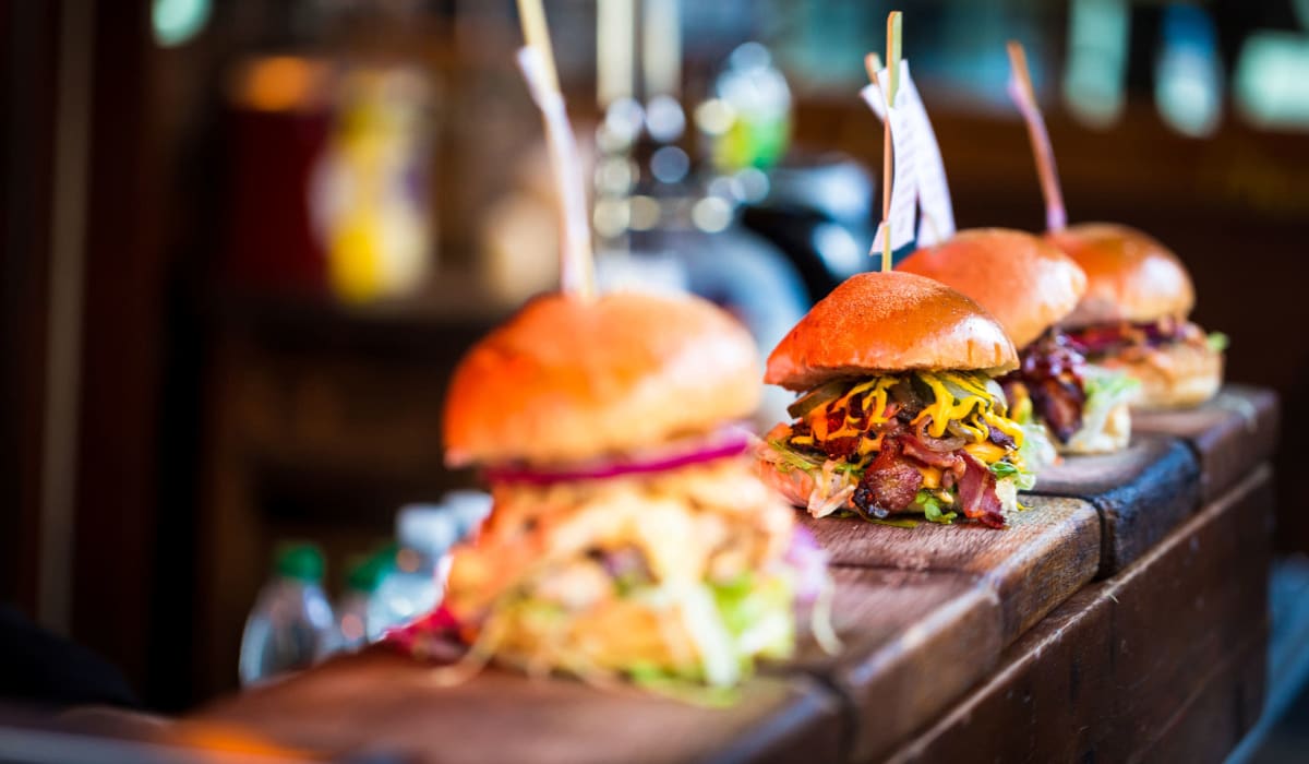 Gourmet burgers on the bar at a locals' favorite restaurant near Villa Vicente in Los Angeles, California