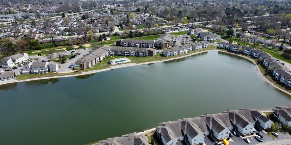 Aerial view of homes surrounding the lake at Eagle Lake Landing in Indianapolis, Indiana 
