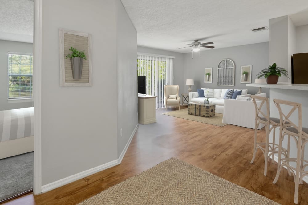 Interior of a living room at Mode at Ballast Point in Tampa, Florida