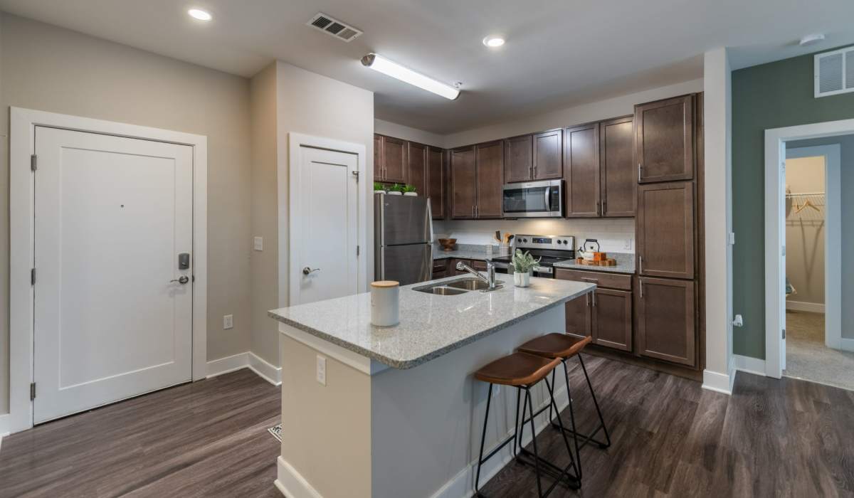 Kitchen with granite countertops at Attain at Harbour View, Suffolk, Virginia